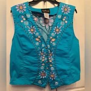 Bob Mackie Blue Floral Embroidered Vest Sz L
